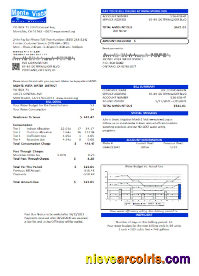 California Monte Vista Water District utility business bill